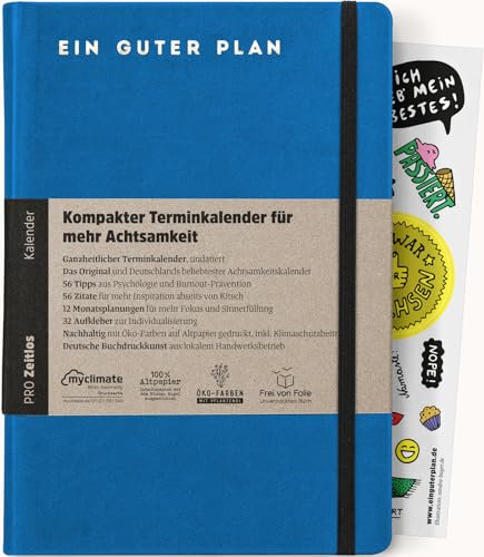 Ein guter Plan Pro Zeitlos – Kompakter Terminkalender für mehr Achtsamkeit im Alltagschaos – Undatierter Planer mit Kunstledereinband, Gummiband und Froschtasche (Blau)