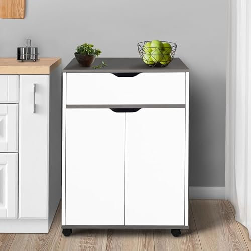 IDMarket - Desserte de cuisine COSY placard avec tiroir bois blanc et plateaux gris L.60 CM