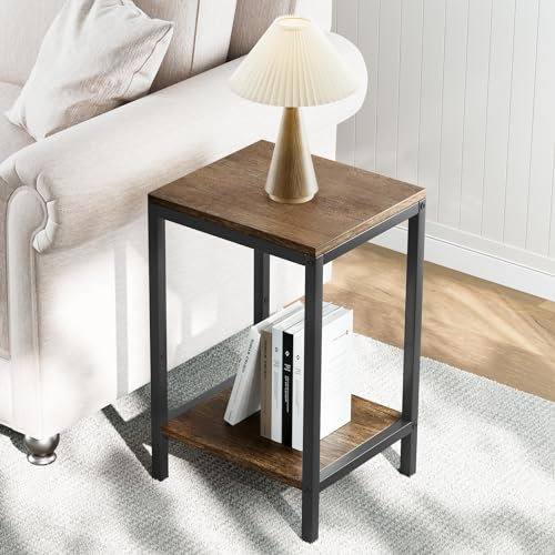 SAYGOER Wood End Tables Small Side Table with Storage Wood Night Stand Metal Frames 2 Tier Bedside Table with Adjustable Feet, 1PCS, Walnut