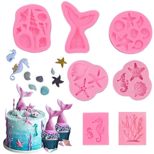 Zasvec Silikonform Meerjungfrau Fondantform 7 Stück Silikon Fondant Formen 3D Meerjungfraus Silikon Backformen Meerjungfrau Schwanz Fondantform Muschelform DIY Backform für Kuchen, SüßIgkeiten