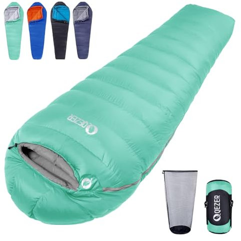 QEZER Daunenschlafsack, 4 Jahreszeiten, leichter Camping-Schlafsack für Erwachsene und Jugendliche, Wandern, Outdoor, mit 620FP Entendaunen (grün)