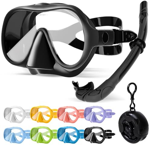 HINATAA Masque Plongée Adulte, Masque de Plongee avec Tuba, Macaron Masque Snorkeling, Lunettes Plongée Pnoramiques 180°, Masque Tuba Anti-Fuite Anti-buée, Diving Mask en Verre trempé (Kit Noir)
