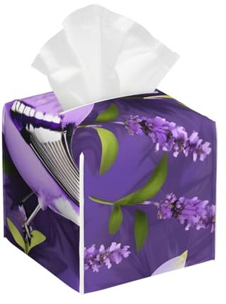 Papiertaschentuchbox mit Vogelmotiv in violettem Lavendel und Blumen, doppelseitig, wasserdicht, leicht und stilvoll, ideal für Auto, Badezimmer und mehr