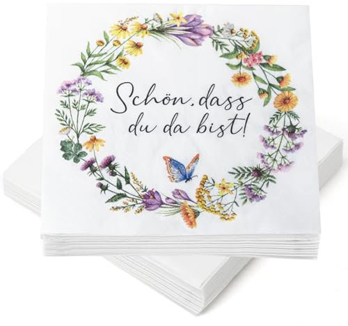 Servietten Hochzeit, 30 Stück Blumenkranz Servietten für Taufe, Servietten Schön Dass Du Da Bist, Bienen Frühling Papierservietten für Kommunion Konfirmation Geburtstag Gartenparty Ostern, 33 x 33 cm