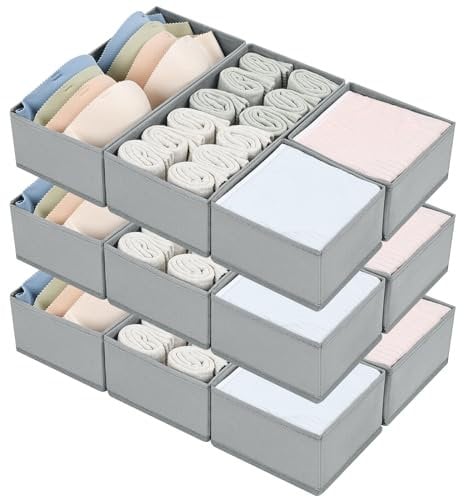 DIMJ Schubladen Organizer Schrank Organizer - Kleiderschrank Organizer Stoff, Ordnungssystem Kleiderschrank Faltbare Unterwäsche Organizer, Organizer Schublade für Kleidung, 12 Stück(Hellgrau)
