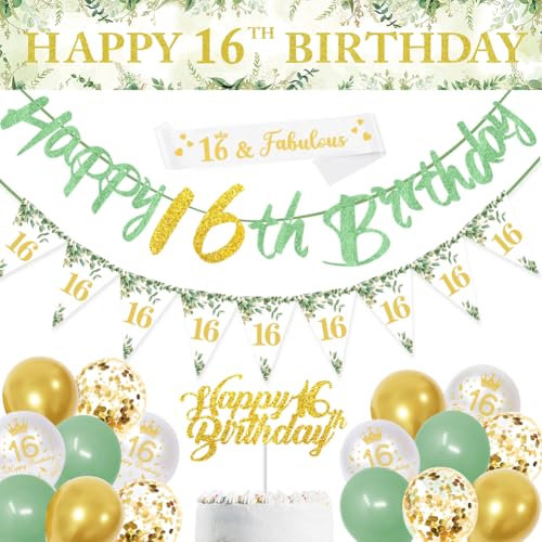 16th Birthday Decorations,Sage Green 16th Birthday Party Decorations Include Happy 16th Birthday Banner,Triangle Flag and Confetti Balloons for Party Birthday Decorations (16th Birthday)
