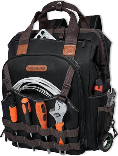 WELKINLAND Zaino per attrezzi HAVC in tela cerata con 88 tasche, zaino per attrezzi da elettricista, zaino per attrezzi da tecnico aperto per edilizia, Nero/Marrone/Oliva, moderno