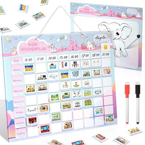 MOMSIV Wochenplaner Kinder - Montessori Magnettafel Kinder, Magnetisches Saugspielzeug-Set inkl. 216 Routinen Magnete Wöchentliche und Tägliche Aktivitäten für Kind zu Planen, Rosa Einhorn