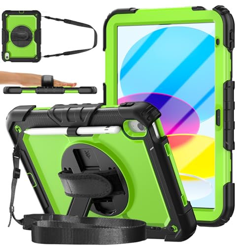 DAORANGE Coque pour iPad (A16) 11ème Génération 11 2025/iPad 10ème Génération 10.9 2022, Étui Robuste avec Protection D'écran, Support Pivotant à 360° & Dragonne, Bandoulière Ajustable (Vert)