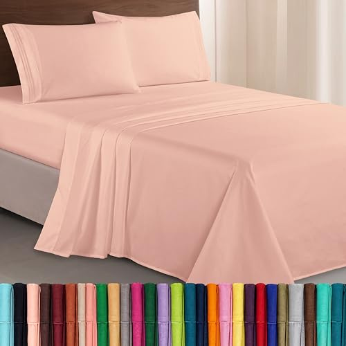 Elegant Comfort Luxurious 1500 Premium Hotel Quality Microfiber Three Line Embroidered Softest 4-Piece Bed Sheet Set, Wrinkle and Fade Resistant, King, Blush Pink