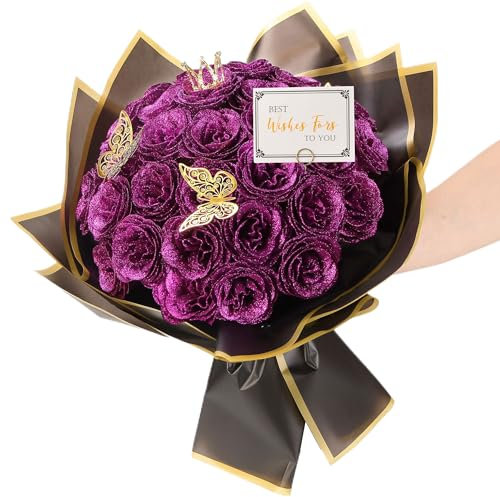 Purple Glitter Roses Bouquet, 30 Pcs DIY Fake Flowers Bouquet, Everlasting Shiny Artificial Rose Bouquet for Valentine's Day, Anniversary, Engagement, Wedding