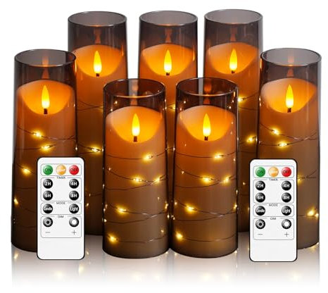 JINYANIA Flammenlose LED Kerzen, Batteriebetriebene Stumpenkerzen mit eingebetteter Sternschnur-Lichterkette, Mit Fernbedienung und Timer, Home Dekoration Romantische, Set von 7 Schrägen（Grau）