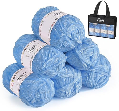 ilauke 6 x 50 g Chenille Garn, Samt Wolle zum Häkeln und Stricken mit Nadeln mit Häkelzubehör und Handtasche, Häkelwolle für Kleidung, Decken, Taschen, DIY, Babywolle zum Stricken Weich Hellblau