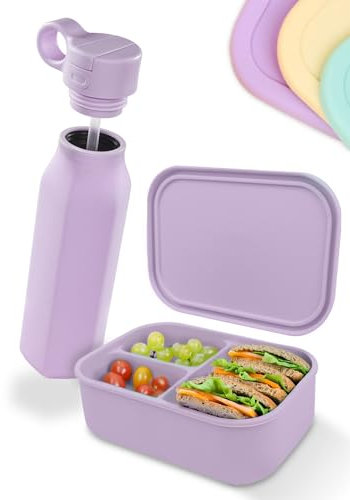 Lunchbox Set – Silikon Brotdose & Trinkflasche für Erwachsene – Bruchfest, Auslaufsicher, BPA-frei, Spülmaschinenfest – Für Arbeit, Büro & Unterwegs | 800ml Lunchbox & 500ml Flasche (Pastel Lila)