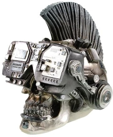 Kremers Schatzkiste Futuristischer Totenschädel Irokese - Silber 18cm Figur Deko - Handbemalter Polyresin Totenkopf Skull Gothic Punk Schädel Statue Skulptur Geschenk Halloween