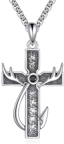 ONEFINITY Kreuz Halskette Für Herren S925 Sterlingsilber Kreuz Hirschgeweih Angelhaken Anhänger Halskette Kreuz Religiöser Schmuck Geschenke Für Männer