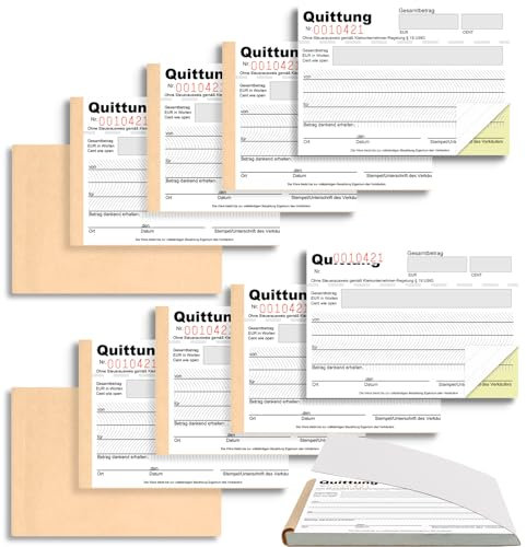 Lot de 10 blocs de reçus pour petits entrepreneurs - Format A6 - Format paysage - 2 x 40 feuilles - Blocs de reçus numérotés et micro-perforés - Autocopiants - Blanc