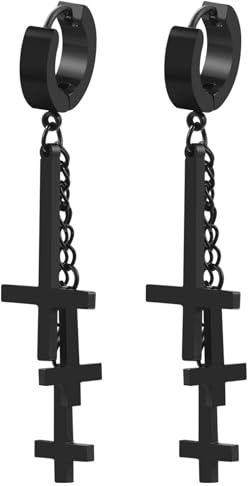 JewelryWe Umgekehrt Kreuz Ohrringe Ohrclips Edelstahl Huggie Creolen mit 3 Baumelnd Petruskreuz Upside Down Kreuz Hängend Clip Ohrringe Fake Ohrstecker Ohne Ohrloch Geschenk Herren Damen