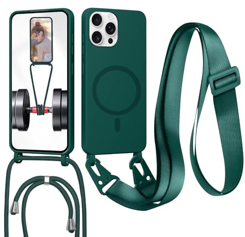MBSLFY Magnetische Handykette für iPhone 12/iPhone 12 Pro Hülle mit Band, Handyhülle Kompatibel mit MagSafe, mit Abnehmbar Kordel Umhängen Stossfest Handy Schutzhülle für iPhone 12 Pro, Dunkel grün