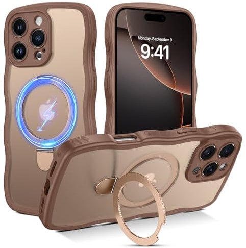 Telaso Magnetic for iPhone 16 Pro Max Case with Ring Stand, [Compatible with Magsafe] [Full Camera Protection] Cute Curly Wavy Shockproof Phone Case Cover for iPhone 16 Pro Max 6.9'', Desert Titanium