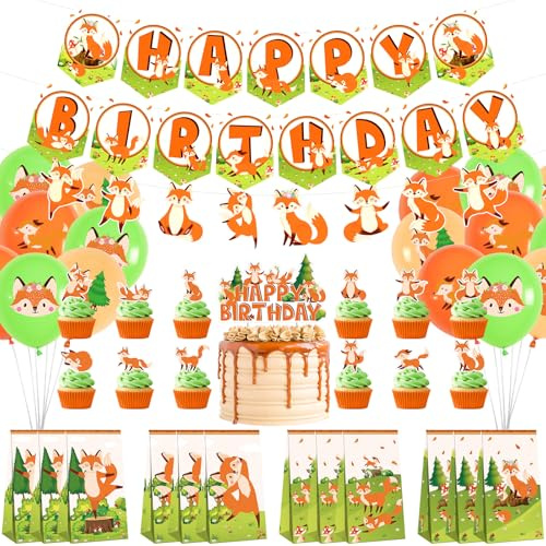 Fox Birthday Party Supplies, Including Happy Birthday Party Banner, Cake Topper, Gift Bag, Balloons, for Girl Boy Fox Theme Baby Shower Birthday Party Decorations