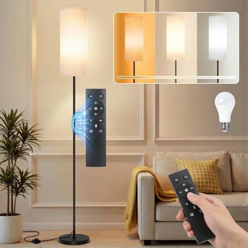 Rosnek Stehlampe Wohnzimmer mit Magnetisch Fernbedienung 12W, E27 Glühbirne, Moderne LED Stehlampe Dimmbar, 3 Farbtemperaturen, Leinen Lampenschirm, Fußschalter, Leselampe für Schlafzimmer Büro