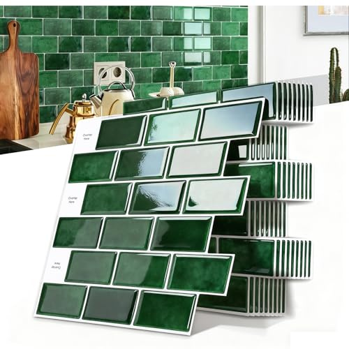 10 Blatt Fliesenaufkleber Küche (30,5 x 30,5 cm), 1.1mm Grün 3D Volle Größe Selbstklebende Fliesen, Peel and Stick Tiles Küchenrückwand Selbstklebend für Küche und Bad