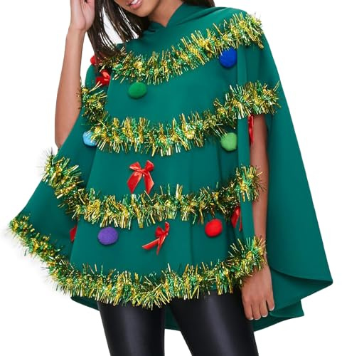 RUINIXCW Christmas Tree Poncho Costume for Women Bow Ball Shining Decor Hooded Cloak Cape Xmas Cosplay Dress Up Outfit