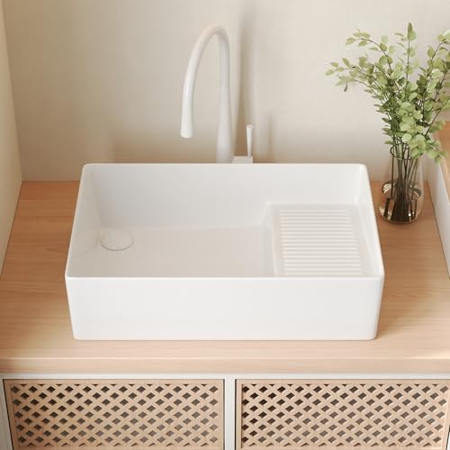 DeerValley Fregadero de 24 x 15 pulgadas, lavabo rectangular de cerámica blanca con tabla de lavado integrada y drenaje lateral, fregadero de lavandería o baño, DV-1V0321