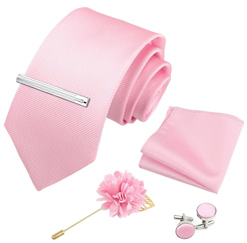 Xynovate Herren Fliege und Einstecktuch mit Manschettenknöpfe Set, Herren Hochzeit Krawatten und Einstecktuch Krawattenklammer Set für Hochzeit Sfeier Weihnachten Halloween，Rosa
