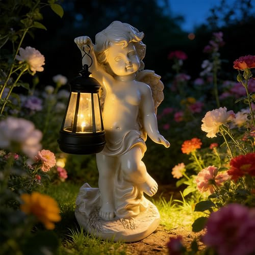 Vmxlso Engel für Grab Wetterfest, Solar Engel Figur, Grabengel Wetterfest mit Led Solarleuchten, wasserdichte Betende Grabengel (Engel mit Lampe)