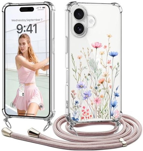 ChoosEU Handykette für iPhone 17 Clear Hülle mit Band, Bunt Blume A | Dünn Transparent Handyhülle, Case zum Umhängen, Stoßfest Durchsichtig Schutzhülle mit Motiv, Cover mit Kordel Necklace Schnur