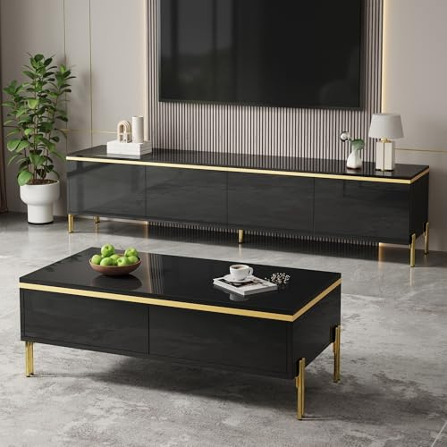 Witimisy Modernes TV-Lowboard und Couchtisch Set in Hochglanz mit Goldakzenten – großzügiger Stauraum,170×38×50 cm+100×50×36 cm (Schwarz)