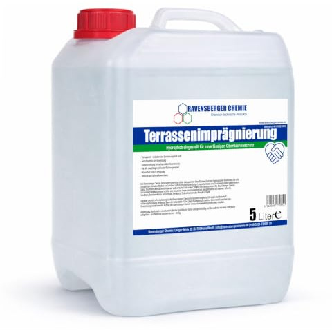 Ravensberger Chemie Terrassenimprägnierung & Versiegelung – transparenter Schutz für Holzterrasse, Stein & Beton – wasserabweisende Silan/Siloxan-Versiegelung gegen Feuchtigkeit & Witterung - 5 Liter