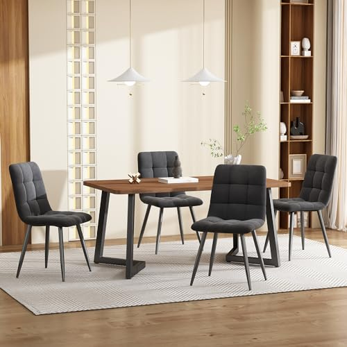 MSMOK Juego de comedor (5 piezas), mesa de comedor con 4 sillas, juego de mesa de cocina moderno, vetas de madera con patas de metal negro, tablero de fibra de densidad media en color nogal, sillas de