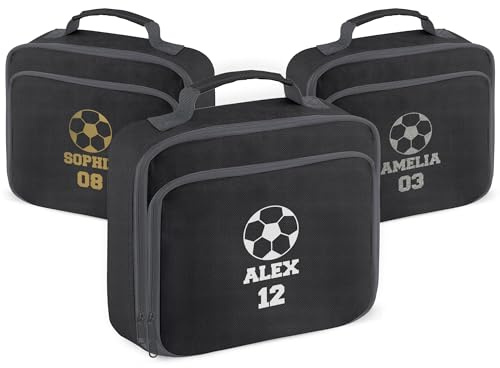 Print Maniacs Custom Name and Number Football Lunch Bag Personalised Insulated Lunch Box for Kids Boys Girls Adults School Football Training Sports Club Work Travel Meal Prep Food Storage Lunch Tote