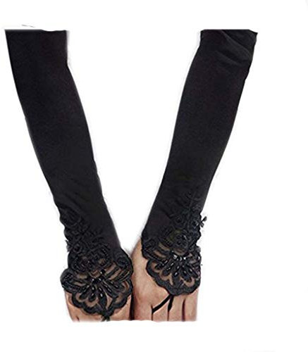 Liying Neu Damen Lange Hochzeithandschuhe Brauthandschuhe Fingerlose Spitze Handschuhe Hochzeit Abend Party Satin sexy Spitzenhandschuhe, Schwarz, One Size