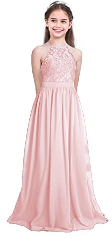 Freebily Enfant Long Robe De Soirée Cocktail Fille Dentelle Fleur Costume De Cérémonie Mariage Fille Robe Princesse sans Manche Taille Haute Rose Perle 12 Ans