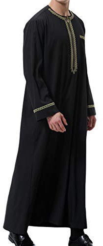 BeerMmay Herren Muslim Druck Kaftan Islamisch Royalty Dubai Robe O-Ausschnitt Lange Ärmel Retro Tuniken Abaya Lose Kandoura,Schwarz,XXL