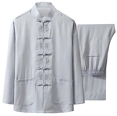 G-like Traje de kungfu para hombre, artes marciales tradicionales chinas, Taichi Shaolin Wushu Qigong de manga larga, bordado, entrenamiento, ocio, uniforme, chaqueta (gris, L)