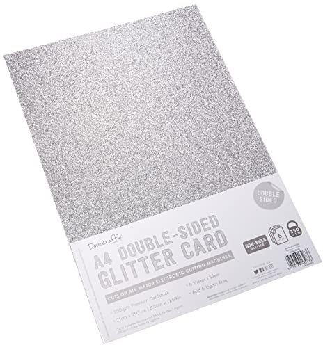 Dovecraft A4 Double-Sided Glitter Card 350GSM - Non Shed - Acid and Lignin Free - For Die-Cutting, Cricut, Brother and Silhouette - For Party, Papercraft, Stationery and Home Décor, Silver (6 Pack)