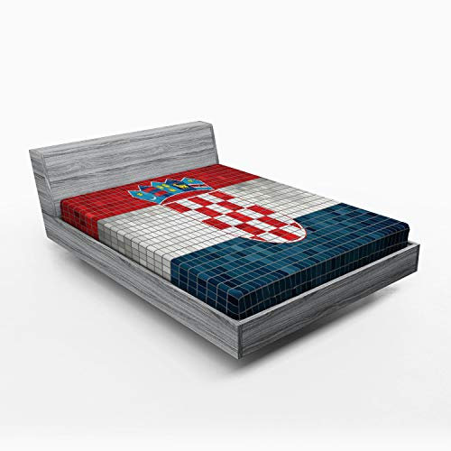 ABAKUHAUS Kroatien Spannbetttuch, Flagge mit Mosaik-Quadraten, Soft Dekorativer Stoff Bettwäsche Rund-um Elastischer Gummizug, 180 x 200 cm, Grau