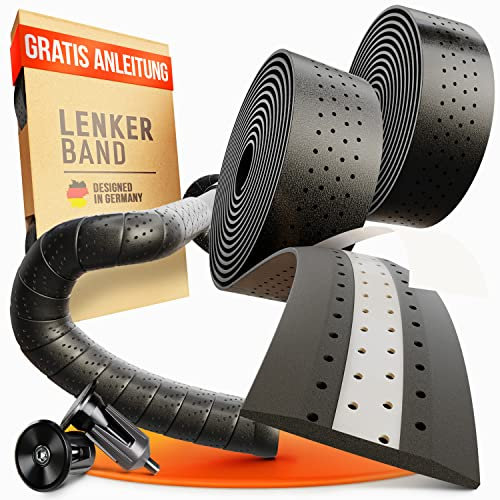 Kellago Langlebiges Profi Leder-Lenkerband [Griffband für Rennrad aus extra robustem und griffigem Kunstleder incl. Klebestreifen/Fahrrad ] (05 SCHWARZ mit Endkappen)