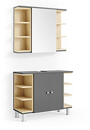 Vicco Badmöbel-Set Aquis, Anthrazit 79.6 cm | 2-teilig · Waschtischunterschrank · Spiegelschrank
