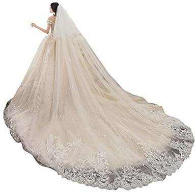 NCDIMS Newdeve Hochzeitsschleier, Kathedrale, lang, 2-stöckig, Pailletten, Spitzenrand, Rouge mit Kamm, Weiss/opulenter Garten, 3 meters