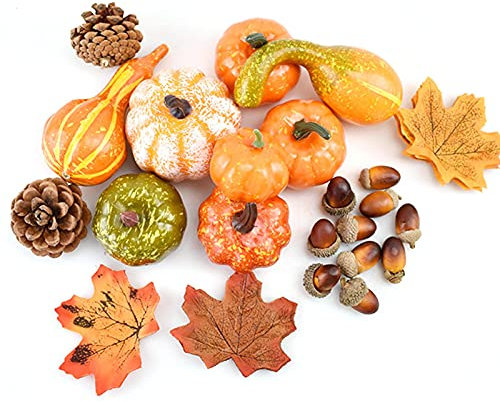 Halloween Künstliche Kürbisse Dekorationen, 50 Stück Thanksgiving Deko Herbst Streudeko Simulation Kürbisse Tannenzapfen Blätter Eicheln für Thanksgiving Home Party Supplies