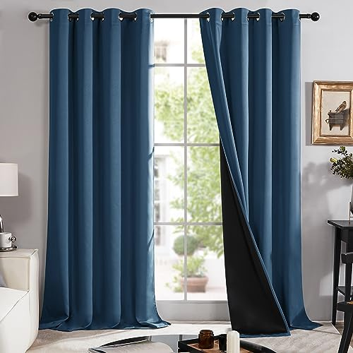Deconovo 100% Blickdichter Vorhang mit Ösen Gardinen Wärmeisolierte Verdunkelungsvorhänge Doppellagiger Thermogardine Vorhänge, 214x132 cm(HöhexBreite), Dunkelblau, 2er Set