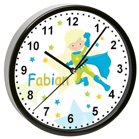 CreaDesign, Wanduhr Kinder personalisiert mit Name, Motiv Superheld, Rahmen Wanduhr schwarz, Ø 19,5 cm
