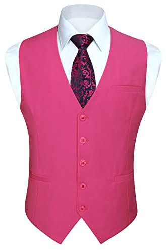HISDERN Gilet Da Abito Da Uomo Gilet Tinta Unita Da Festa Di Nozze Cerimonia Panciotto Formale In Cotone Per Uomo,Fucsia,M