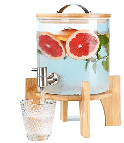 WRJAHCG Distributeur de Boisson en Verre - Tonneau avec Robinet, Forme de tonneau Distributeur Transparent avec Base en Bois-Distributeur d'alcool en Verre- Carafe Eau Boissons Froides et Chaudes,5L